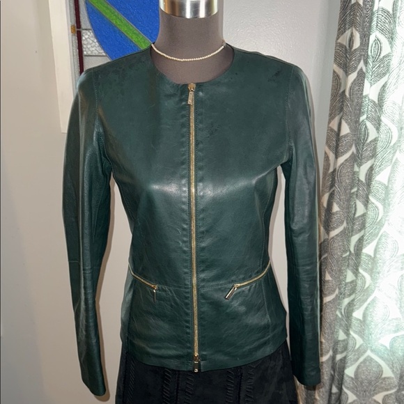 Lafayette 148 Hunter Green Cropped Leather Jacket - Picture 2 of 13